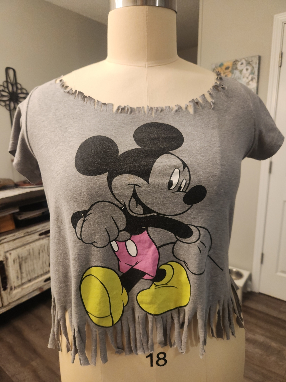 Disney Grey Mickey Mouse Fringe Crop Top with Pink and Yellow Accents